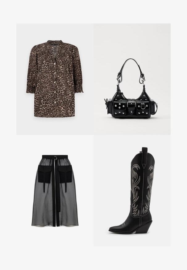 Leopardskinnad skjorta i bruna och svarta nyanser, med knäppning fram, ¾ ärmar med rynkade detaljer och rund halsringning.; Svart genomskinlig kjol med en rynkad midja, utrustad med två stora framfickor, ett midjesnöre och en cirkulär metallaccent.; Svarta lädercowboystövlar med spetsiga tår, kilklackar och silverbroderade blommönster längs skaftet. Kontraststickning genom hela stöveln.; Svart läderhandväska med en kurvad design, prydd med silverfärgade nitar, ett spänne och två sidofickor. Justerbar rem för olika bäralternativ.
