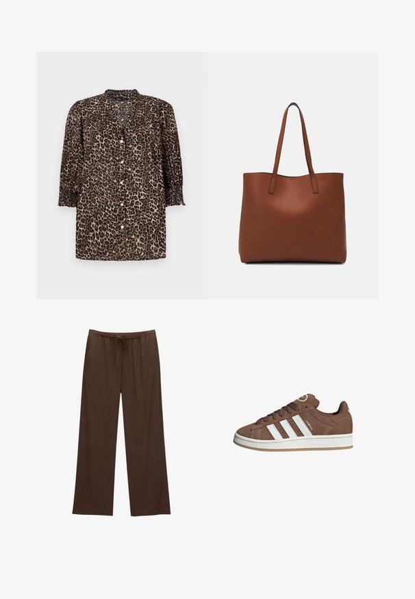 Leopard print shirt in brown and black tones, featuring a button-up front, ¾ sleeves with gathered details, and a round neckline.; Brown wide-leg pants made from soft fabric, featuring an elastic waistband with a drawstring and two side pockets.; Brown suede sneakers with white leather stripes, rubber sole, rounded toe, and lace-up front. Features a logo on the tongue and perforated accents.; Brown leather tote bag with a smooth texture, open top design, and two shoulder straps. Features minimal stitching and no visible hardware.