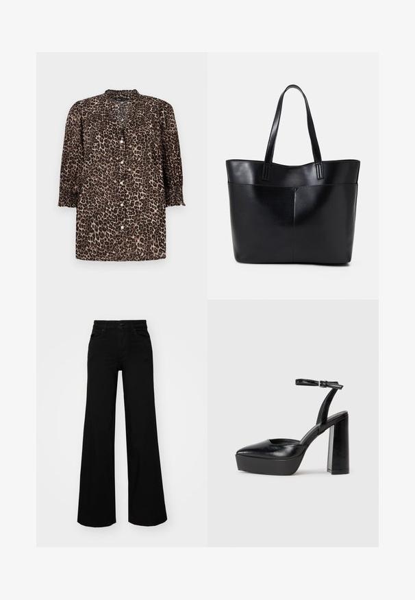 Leopárdmintás ing barna és fekete árnyalatokban, gombos elülső résszel, ¾-es ujjal, amelyeken redők találhatók, valamint kerek nyakkivágással.; Fekete, bő szárú farmernadrág, amelynek állítható derékrésze van, övhurkokkal és elülső zsebekkel. Simaság jellemzi, klasszikus dizájnnal.; Fekete platform magassarkú cipők hegyes orral és állítható bokapánttal. Sima bőrből készült, vastag talppal.; Fekete bőr bevásárlótáska két hosszú fogantyúval, sima felülettel és strukturált formával. Elülső zseb található rajta a plusz tárolás érdekében.