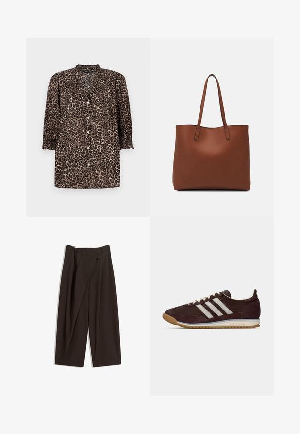 Košeľa s leopardím vzorom v hnedých a čiernych odtieňoch, s gombíkovým zapínaním vpredu, ¾ rukávmi s nariasenými detailmi a okrúhlym výstrihom.; Tmavohnedé široké nohavice s vysokým pásom, s jedným gombíkom a záhybmi vpredu. Vyrobené z ľahkej textílie.; Nízko profilové tmavobordové tenisky Adidas s bielymi pruhmi, krémovými šnúrkami a gumovou podrážkou, bočný pohľad na jednofarebnom pozadí.; Hnedá kožená taška na rameno s hladkou textúrou, otvoreným vrchom a dvoma ramenými popruhmi. Má minimálne šitia a žiadne viditeľné kovania.