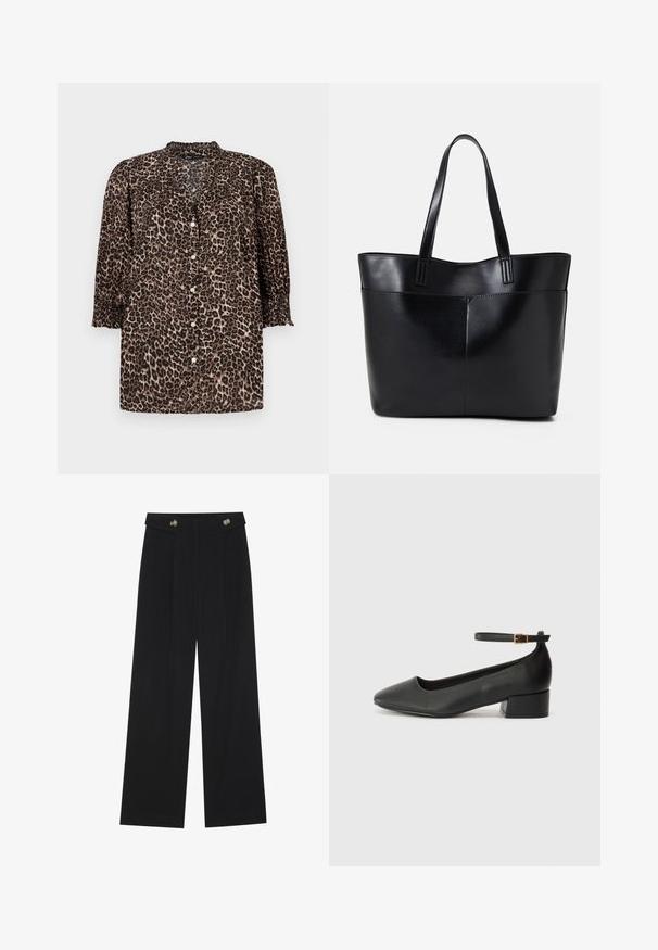 Leopardo raštas marškiniai rudos ir juodos spalvų tonais, turintys mygtukų užsegimą priekyje, ¾ ilgio rankovės su susiraukšlėjimo detalėmis ir apvaliu kaklu.; Juodi plačios kojos kelnės su aukštu liemeniu, sagų detalėmis ant liemens ir priekinėmis raukšlėmis.; Juodas odinis aukštakulnis batelis su smailiu pirštu ir žemu bloku. Su kulkšnies dirželiu su auksinės spalvos sagtimi. Lygus paviršius.; Juoda odinė rankinė su dviem ilgais diržais, lygiu paviršiumi ir struktūrizuota forma. Yra priekinė kišenė papildomam saugojimui.