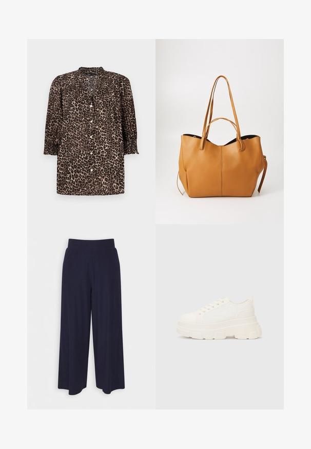Leopardmønstret skjorte i brune og sorte nuancer, med en knaplukning foran, ¾ ærmer med samlede detaljer og en rund halsudskæring.; Bredde bukser i mørk marineblå stoff med ribbet tekstur. Har en glatt midje og en luftig silhuett, som når midt på leggen.; Hvit kanvas sneakers med chunky såle, avrundet tå og fem hull for snøringer. Bakre tab for enkel påkledning. Glatt tekstur, minimalistisk design.; Brun skinnveske med teksturert overflate, bred åpning og to lange håndtak. Har et enkelt design og minimalt med beslag.