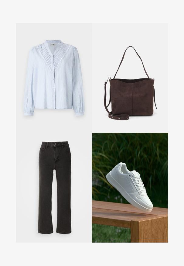 Lyseblå rutete bluse med lange ermer, knappestolpe foran, volangkrage og blondebesetning langs plaggkanten og skuldrene.; Sorte vide benbukser lavet af denim, med en frontknaplukning, bæltestropper og fem lommer med en let falmet tekstur.; Hvite sneakers med en glatt syntetisk overdel, perforert tåboks, flate snørebånd og en teksturert såle, vist på en treflate.; Brun semsket stoff tote-veske med en myk tekstur, som har en enkelt skulderrem og en subtil buet toppåpning. Ingen synlige maskindetaljer.