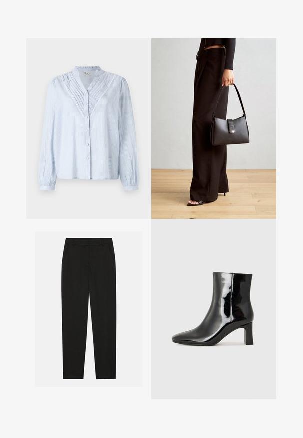 Šviesiai mėlyna dryžuota palaidinė su ilgomis rankovėmis, mygtukų uždarymu, raukšlėtu kaklu ir nėrinių apdaila palei mygtukų juostą ir pečius.; Juodos kelnes su pritaikytu dizainu, turinčios šonines kišenes ir tiesią koją. Pagamintos iš lygaus, lengvo audinio su blizgiu paviršiumi.; Juodos lakuotos odinės aulinukės su smailiu pirštu ir vidutinio aukščio blokuotu kulnu. Lygus paviršius ir minimalistinis dizainas.; Juodas rankinė struktūrizuota forma, lygi tekstūra ir metalinis užsegimas. Suporuota su plačiomis juodomis kelnėmis ir atvirais bateliais ant medinių grindų.