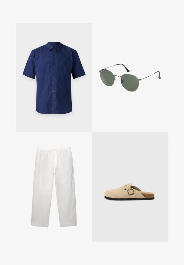 Korte mouwen, marineblauw shirt van katoen; heeft een knoopsluiting aan de voorkant, een standaard kraag en een gladde textuur zonder patronen.; Witte katoenen t-shirt met korte mouwen, ronde hals en een relaxed fit. Gladde textuur zonder zichtbare patronen of accenten.; Witte linnen broeken met een elastische tailleband met koord, een wijd been ontwerp en schone naden. Glad textuur met een casual pasvorm.; Beige suède instapklompen met een kurken voetbed, een ronde teen en een eenvoudige band met een goudkleurige gesp. Rubberen zool voor grip.; Metalen zonnebril met ovale groene lenzen. Dunne zilveren metalen rand en zwarte oorstoppers. Minimalistisch ontwerp, zonder zichtbare logo's.