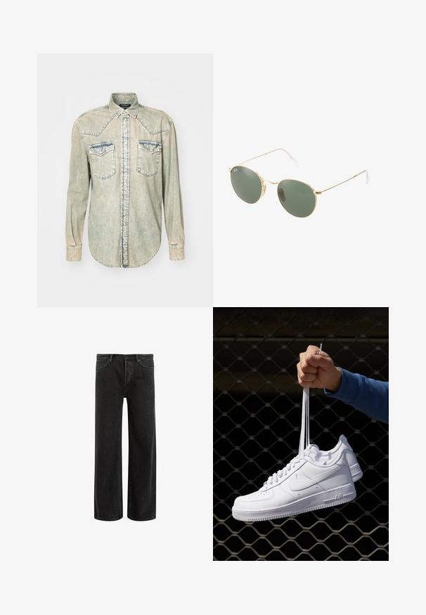 Cămașă din denim de culoare deschisă, cu mâneci lungi, guler ascuțit, două buzunare pe piept și cusături contrastante de-a lungul cusăturilor și marginii.; Blugi negri din denim cu picioare largi și talie înaltă, având un design clasic cu cinci buzunare și ușoară decolorare pentru un aspect texturat.; Adidași albaștri din piele cu perforații, vârf rotund, talpă plată și șireturi groase, cu un logo swoosh vizibil și cu inscripția "AIR" pe toc.; Ochelari de soare cu ramă metalică aurie, cu lentile verzi, de formă rotundă, cu temple subțiri și accente din plastic alb la vârfurile brațelor.; Ceas de mână din oțel inoxidabil argintiu cu un cadran albastru marin, marcaje orare metalice și o fereastră pentru dată la ora 3. Rezistent la apă până la 50 de metri.