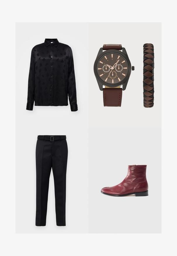 Won Hundred ADRIEL - Pluus - black; Mustad mustad püksid on valmistatud siledast kangast, sirgelt lõigatud ja beldiga vöökoht, millel on ristkülikukujuline pandla. Märkimisväärsed esisellukid täiustavad disaini.; Burgundia nahast pahkluu saapad, millel on sile pind, külgmine tõmblukk, ümar varvas ja madal must konts, millel on peened kortsud ja minimaalne õmblus.; Pier One SET - Käekell - black/brown