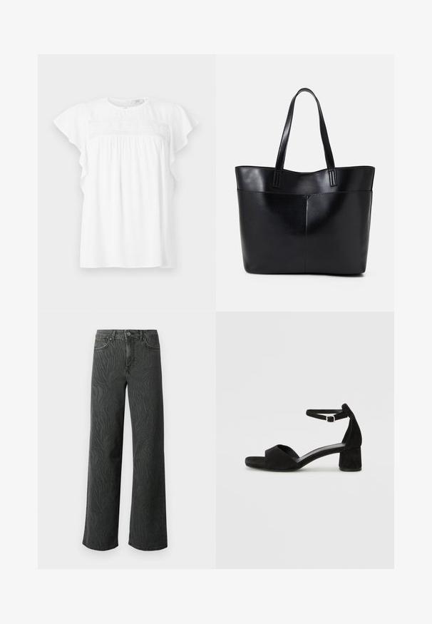 White short-sleeve top with a round neckline, featuring textured dots, ruffled sleeves, and gathered detail across the chest.; Wide-leg jeans in dark gray denim, featuring a subtle zebra-pattern texture, contrast stitching, and five-pocket design with a button fly.; Black suede heeled sandals with a thin ankle strap, open toe design, and a modest block heel. Smooth texture and minimal accents.; Black leather tote bag with two long handles, a smooth texture, and a structured shape. Features a front pocket for additional storage.
