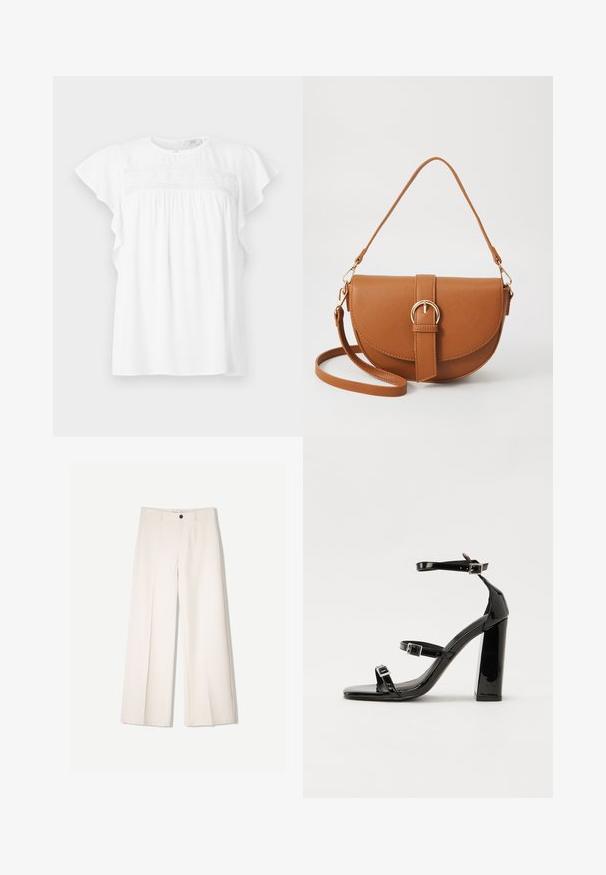 Top bianco a maniche corte con scollatura rotonda, caratterizzato da punti testurizzati, maniche arricciate e dettagli arricciati sul petto.; Pantaloni larghi color crema con design sartoriale, dotati di due tasche frontali e una chiusura con bottone anteriore, realizzati in tessuto liscio.; Sandali con tacco in vernice nera, con punta squadrata, cinturini alla caviglia e fibbie in argento. Presentano un tacco a blocco spesso per maggiore stabilità.; Borsa a tracolla in pelle marrone con forma curvata, hardware dorato e un dettaglio con fibbia. Presenta una tracolla rimovibile.