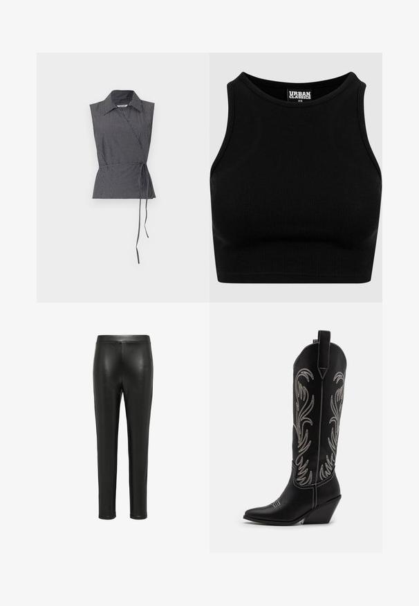 Weekday ABY WRAP - Blouse - black; Zwarte geribbelde cropped top met een ronde hals en mouwloos ontwerp. Gemaakt van een rekbare, textuurrijke stof. Label zegt "Urban Classics."; Zwarte leren leggings met een nauwsluitend ontwerp, een gladde textuur en een hoge taille. De benen lopen taps toe naar de enkel, zonder zichtbare hardware.; Zwarte leren cowboylaarzen met spitse neuzen, wiggenhakken en zilver geborduurde bloemmotieven langs de schacht. Contrasterende stiksels overal.