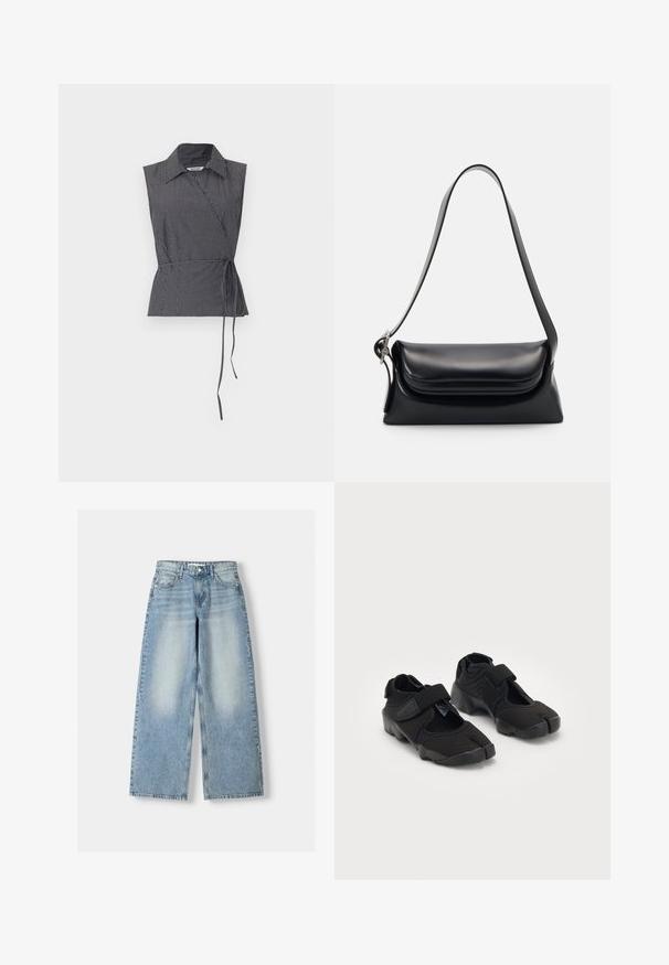 Weekday ABY WRAP - Camicetta - black; Jeans a gamba larga in denim blu chiaro con vita alta, caratterizzati da una finitura sbiadita, cinque tasche e una vestibilità dritta.; Scarpe d'acqua nere realizzate in tessuto flessibile con una fascia in Velcro, dotate di un design unico a punta divisa e suola in gomma texturizzata per una buona aderenza.; Borsa a tracolla nera in pelle con una forma strutturata, una texture liscia e una singola tracolla. Presenta un design a patta arrotondata e discreta.
