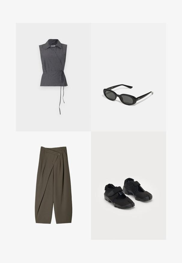 Weekday ABY WRAP - Pusero - black; Housut, joissa on leveä malli tummanoliivinvihreässä kankaassa, pleat-edessä, napin sulkeminen ja kiiltävä, tekstuuri pinta.; Mustat vesikengät, jotka on valmistettu joustavasta kankaasta ja joissa on tarranauha, erottuva halkaistun varpaan muotoilu sekä teksturoitu kumipohja pitävää otetta varten.; Mustat aurinkolasit, joissa on soikeat linssit, kiiltävä muovikehys ja kapeat varret. Sivussa on valkoinen Ray-Ban-logo.; Hopeakotoinen Casio kvartsikello, jossa on suorakaiteen muotoinen kellotaulu, analoogiset ja digitaaliset näytöt, ruostumattomasta teräksestä valmistettu ranneke sekä vedenkestävyysominaisuudet.