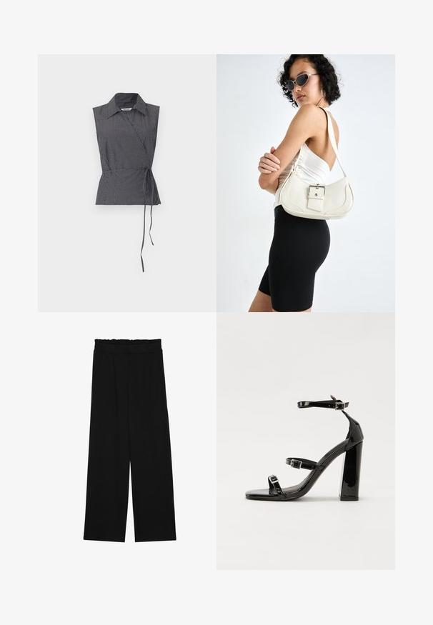 Weekday ABY WRAP - Palaidinė - black; Juodi platūs kelnes su volaniniu juosmeniu, turinčiu dvi šonines kišenes ir glotnią, lengvą medžiagą. Nėra matomų raštų ar detalių.; Juoda blizgi lakuota basutė su kvadratiniu pirštu, kulkšnies dirželiais ir sidabro sagtimis. Yra tvirta blokinė kulno konstrukcija, užtikrinanti stabilumą.; Balta odinė rankinė su kreiva forma, reguliuojama dirželiu ir mažu sagties akcentu. Modelis vilki priglundančius juodus drabužius.