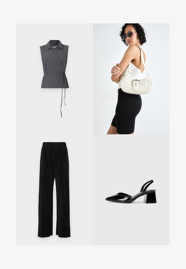 Weekday ABY WRAP - Blūze - black; Melni plīšu bikses ar elastīgu jostu. Tām ir platākas kājas un gluda, teksturēta auduma ar vertikālām svītrām.; Melna lakota āda ar atvērto papēdi, ar smailu purngalu un ģeometrisku blokpapēdi. Iezīmējas elegants, minimāls dizains un gluda tekstūra.; Balta ādas rokassoma ar izliekta formu, regulējamu siksniņu un mazu sprādzi. Modelis valkā pieguļošu melnu apģērbu.
