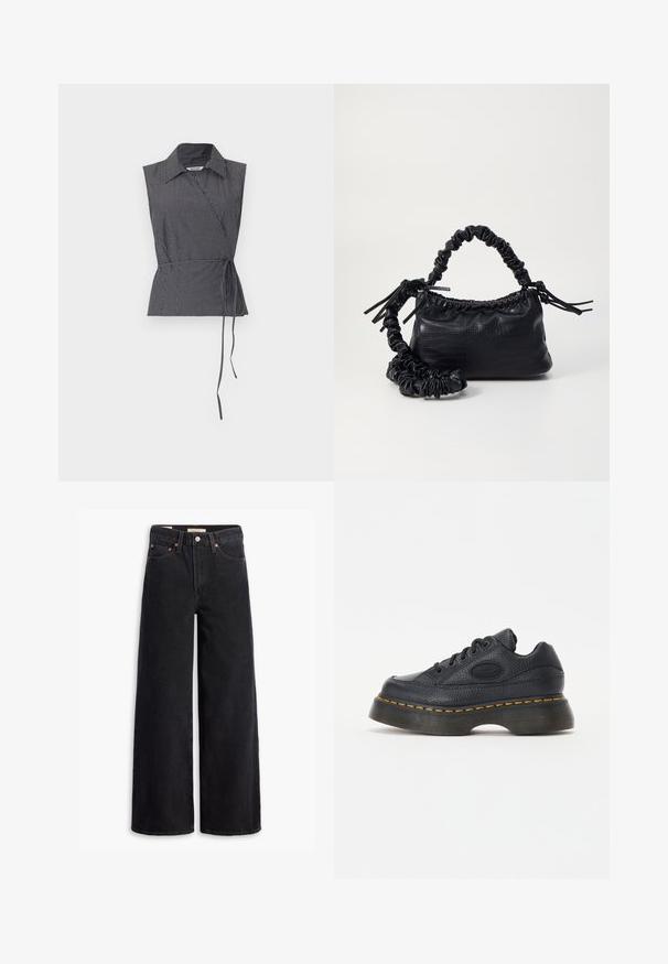 Weekday ABY WRAP - Bluse - black; Schwarze weite Jeans aus Denim mit fünf Taschen, Kupferrivets und einem klassischen Knopfverschluss. Glatte Textur mit einem klaren Design.; Schwarze Ledersneaker mit strukturiertem Finish, rundem Zeh und dicker Plattformsohle. Mit gelben Akzentnähten und gebrandetem Seitenlogo.; Schwarze Handtasche aus Kunstleder mit Krokodilstruktur, gerafftem oberen Teil und einem geschoppten Tragegurt. Sie wirkt weich und kompakt im Design.