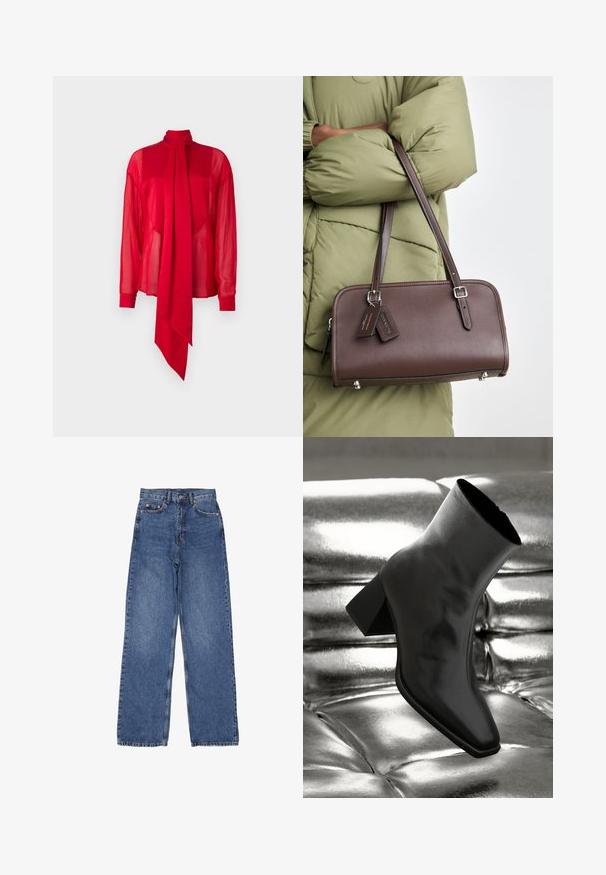 Rød, gennemsigtig bluse med høj hals og lange ærmer. Har en fremtrædende, draperet sløjfedetalje foran og tætsiddende manchetter.; Denim jeans med høj talje og bred ben, med en klassisk blå vask, synlig syning og metalhardware på frontlommen.; Sorte ankelstøvler lavet af glossy materiale med firkantet tå og spidse hæle, sat mod en skinnende sølv tuftet baggrund.; Brun læderhandbag med rektangulær form, aftagelig rem og sølvfarvet hardware. Har to tags hæftet til håndtaget.