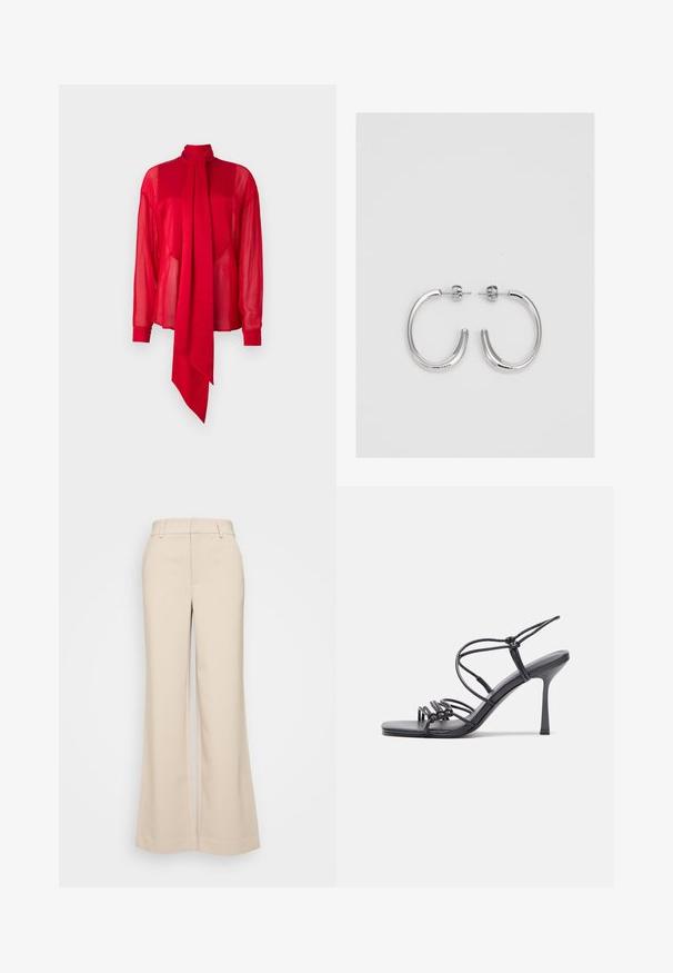 Rød, gennemsigtig bluse med høj hals og lange ærmer. Har en fremtrædende, draperet sløjfedetalje foran og tætsiddende manchetter.; Beige vidde bukser med en glat overflade, der har en høj talje og to forlommer. Renset design med en skræddersyet pasform.; Sorte højhælede sandaler med tynde stropper og en knyttet design, en glat firkantet tå og en slank stiletto hæl.; Sølv øreringe i cirkel med en glat, skinnende overflade, der har en buet form og lukning med stift bagpå. Minimalistisk design med et moderne udseende.