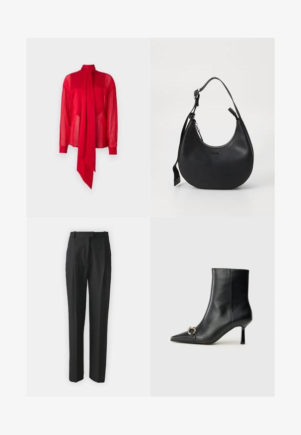Crvena, prozirna bluzica s visokim ovratnikom i dugim rukavima. Ima istaknut, drapirani detalj u obliku mašne sprijeda i uske manžetne.; Crne krojene hlače od laganog materijala, s ravnim krojem, ravnim prednjim dijelom i petljama za remen. Glatka tekstura bez vidljivih uzoraka.; Crne kožne gležnjače s nazupčanim prstom, uskim srednje visokim potpeticama i detaljem srebrne kopče sa strane na jedinstvenoj pozadini.; Crna kožna torba za rame s zakrivljenim oblikom, zatvaranjem na munju i podesivim remenom. Ima utisnuti logo branda sprijeda.