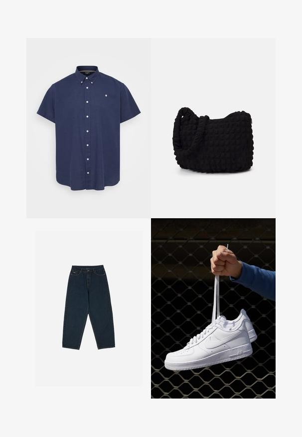 Cămașă cu mânecă scurtă, de culoare albastru închis, cu guler, dotată cu nasturi albi și un mic logo pe partea stângă a pieptului. Material din bumbac.; Jeans negri închis cu talie înaltă, cu o croială lejeră, dotate cu cinci buzunare și închidere cu nasture. Făcute din denim cu o textură netedă.; Adidași albaștri din piele cu perforații, vârf rotund, talpă plată și șireturi groase, cu un logo swoosh vizibil și cu inscripția "AIR" pe toc.; Geantă dintr-un material textil negru, cu un model texturat și matlasat. Formă rotundă, mânere scurte și groase, și o structură moale, flexibilă.