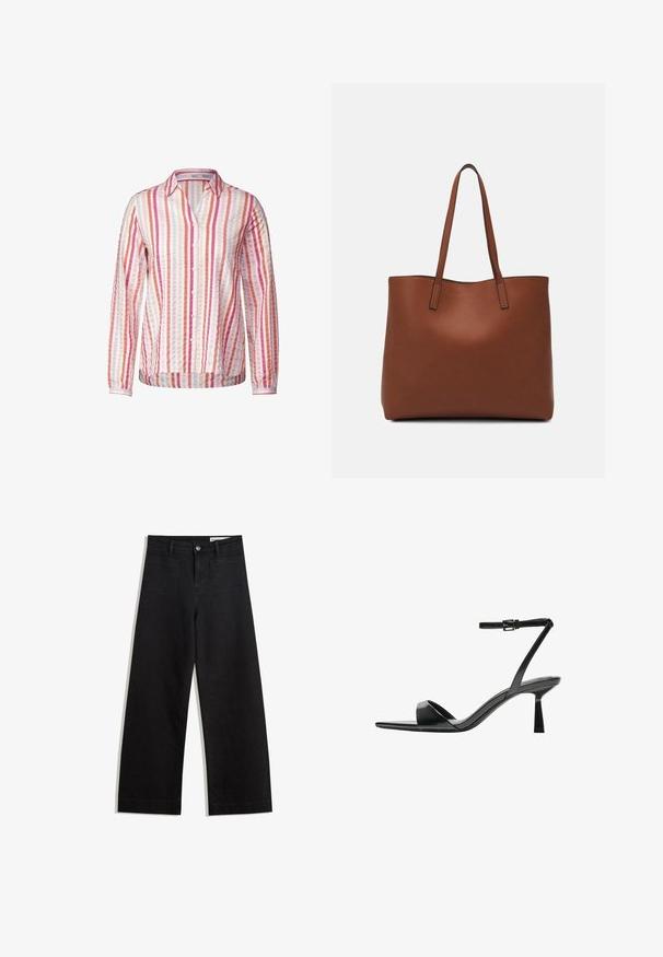 Cecil SEERSUCKER - Camicia - pink; Pantaloni in denim neri a gamba larga con vita alta, dotati di tasche anteriori e posteriori, cuciture a punto, e chiusura con bottone. Texture liscia.; Bershka Sandali con tacco - black; Borsa tote in pelle marrone con texture liscia, design con apertura superiore e due spallacci. Presenta cuciture minime e nessun hardware visibile.