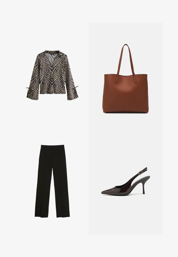 Hosszú ujjú, könnyű ing bézs és fekete tigrismintával, gombos elejével és megkötős mandzsettáival az állítható illeszkedés érdekében.; Fekete, bő szárú nadrág sima anyagból, melynek kényelmes derékrésze és diszkrét elülső redők adnak extra textúrát.; Fényes sötétbarna lakkbőr magas sarkú slingback cipő, hegyes orral, nyitott oldalakkal és állítható bokapánttal.; Barna bőr vászontáska sima textúrával, nyitott tetejű dizájnnal és két vállpánttal. Minimális varrással és látható hardver nélkül készült.
