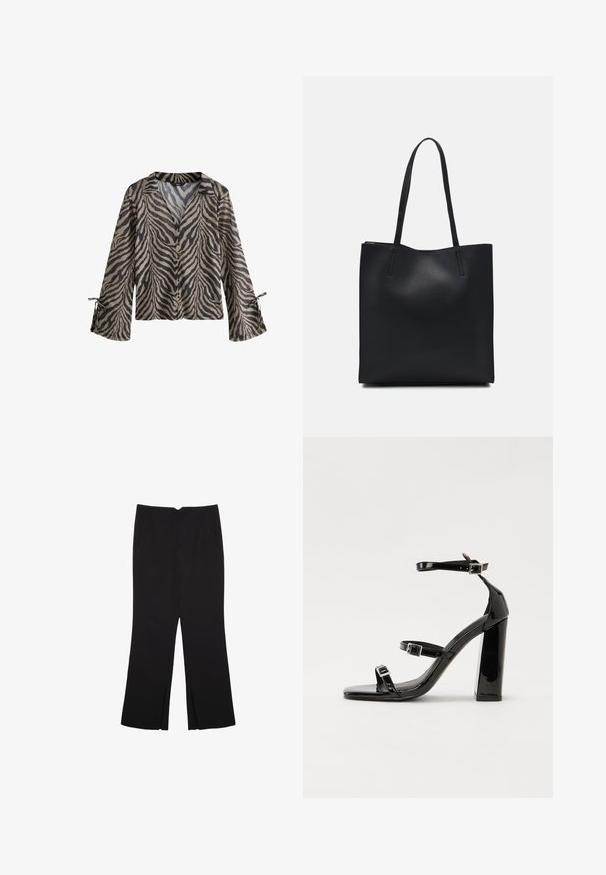 Srajca z dolgimi rokavi in lahkotnim materialom, ki prikazuje vzorec tigerjih črt v bež in črni barvi, z gumbi spredaj in zavezovanimi manšetami za prilagodljivost.; Črne hlače ravnega kroja z naglavnimi žepi in stranskimi razporki na robu. Narejene iz mehke, gladke tkanine. Primerne za različne priložnosti.; Črne lakirane sandale s peto, kvadratnim prstom, trakovi okrog gležnja in srebrnimi zaponkami. Opremljene so s stabilno Debelo peto.; Črna usnjena torba s svilnato teksturo, pravokotne oblike in dvema dolgima ročajema. Brez vidnih metalnih delov ali okrasnih elementov.