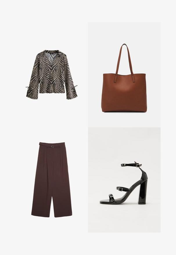 Srajca z dolgimi rokavi in lahkotnim materialom, ki prikazuje vzorec tigerjih črt v bež in črni barvi, z gumbi spredaj in zavezovanimi manšetami za prilagodljivost.; Stradivarius WIDE-LEG WITH BUCKLE DETAIL - Hlače - dark brown; Črne lakirane sandale s peto, kvadratnim prstom, trakovi okrog gležnja in srebrnimi zaponkami. Opremljene so s stabilno Debelo peto.; Rjava usnjena torba z gladko teksturo, odprto zasnovo zgoraj in dvema naramnima trakovoma. Opremljena je z minimalnim šivanjem in brez vidnih kovinskih delov.