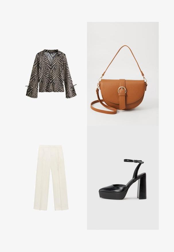 Dlhý rukáv, ľahká košeľa s béžovo-čiernym tigrovým pruhom, gombíkovým zapínaním vpredu a viazanými manžetami pre nastaviteľný strih.; Široké nohavice vo svetlej krémovej farbe. Vyrobené z hladkej látky s skladmi vpredu a bočnými vreckami.; Čierne platformové podpätky so špicatou špičkou a nastaviteľným členkovým remienkom. Vyrobené z hladkej kože a so robustným blokovým podpätkom.; Hnedá kožená kabelka cez telo s zakriveným tvarom, zlatými kovovými doplnkami a akcentom s prackou. Obsahuje odnímateľný ramenný popruh.