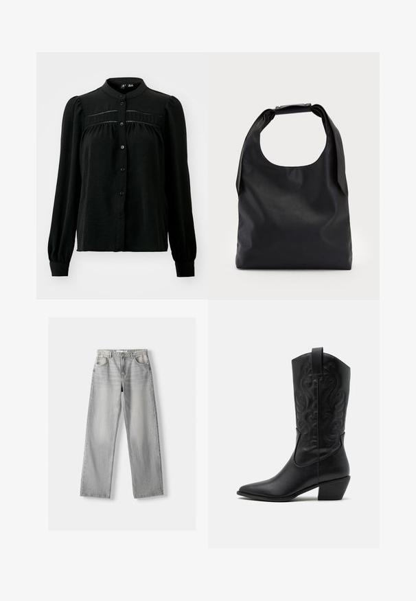 Vero Moda VMEMMA - Košilová halenka  - black; Světle šedý cardigan s dlouhým rukávem a kulatým výstřihem, se zapínáním na pět knoflíků, které jsou kulaté a lesklé, a přiléhavým střihem.; Světle šedé džíny z denimu se střihy rovného nohavice, které mají dvě přední kapsy, zapínání na knoflík a jemné vyblednutí pro texturu.; Černá kožená kovbojská bota s špičatou špičkou, vytlačenými spirálovými vzory a středně vysokým podpatkem. Obsahuje poutko pro snadné obouvání.; Černá kůže hobo taška s jedním měkkým, zaobleným uchopem; má hladkou texturu a minimalistický design. Bez viditelného kovového doplňku nebo akcentů.