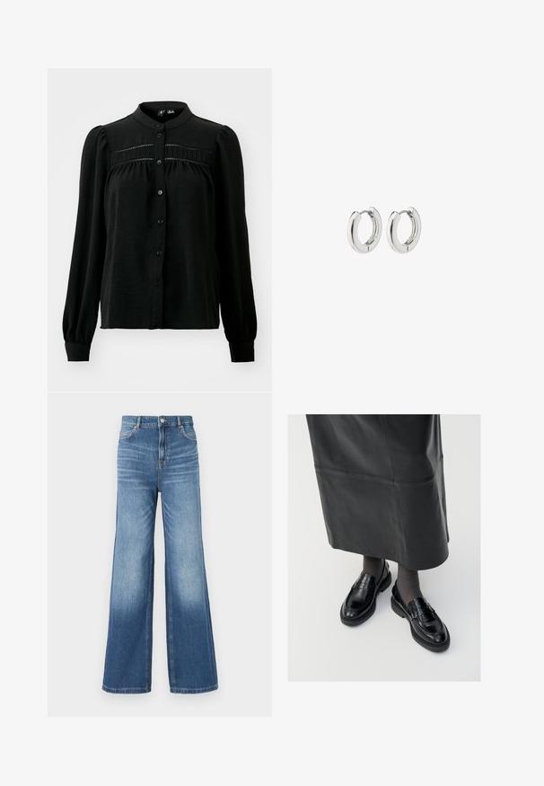Vero Moda VMEMMA - Blus - black; Ljusblå denimbyxor med vida ben och hög midja, som har fem fickor, bälteshällor och en subtil blekning mot fållen.; Svarta läderloafers med en slät yta, prydda med en dekorativ rem, rund tå och texturerad sula. Bärs med en lång svart läderkjol.; Silverörhängen med en polerad yta, med en cirkelformad design och sömlösa gångjärn, med en slät textur.