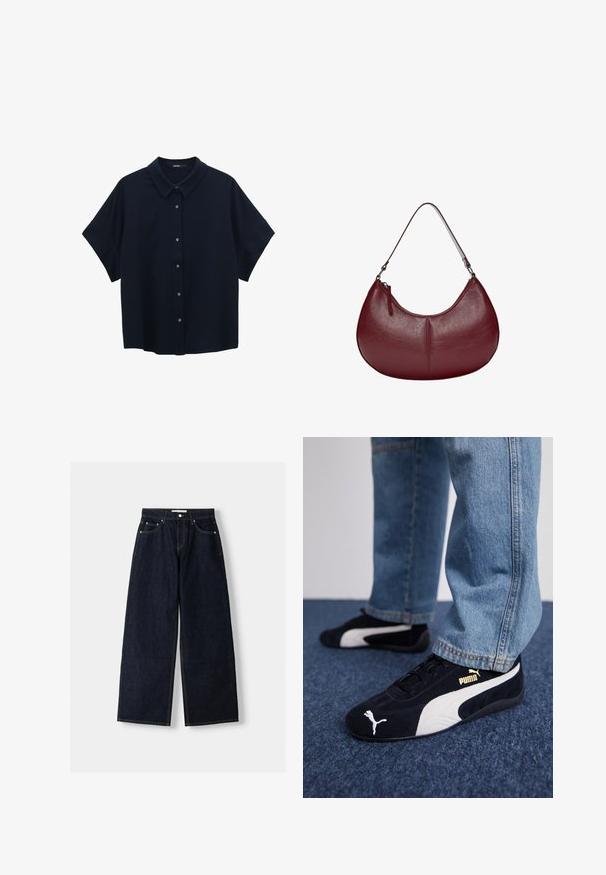 Camicia azzurro navy a maniche corte realizzata in tessuto morbido, caratterizzata da un colletto a punta e chiusura frontale con bottoni in argento.; Jeans a gamba larga in denim blu scuro con vita alta, cinque tasche, cuciture a contrasto e hardware in metallo argentato. Texture liscia e finitura pulita.; Sneaker in suede nera con dettagli bianchi, dotate di un logo dorato. Indossate con jeans di denim azzurro e posizionate su una superficie blu testurizzata.; Borsa a tracolla in pelle bordeaux con una forma curva. Caratterizzata da una sola tracolla e una zip superiore, presenta una superficie liscia e testurizzata.