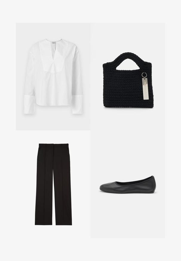 White long-sleeve blouse with a split neckline and contrasting textured stripes. Features a boxy fit and wide sleeves with white cuffs.; Black tailored trousers made of a smooth fabric, featuring a straight-leg design, and two side pockets. Elegant and minimalistic construction.; Black leather ballet flat with a rounded toe, smooth texture, minimal stitching detail, and a flexible sole design.; Won Hundred MARSIELLE COMPUTER BAG UNISEX - Laptop bag - black