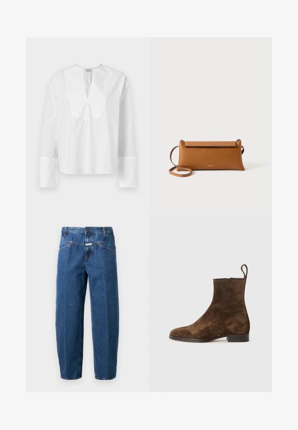 Blusa bianca a maniche lunghe con scollatura a V e righe testurizzate a contrasto. Presenta una vestibilità ampia e maniche larghe con polsini bianchi.; Jeans in denim blu scuro, con una vestibilità comoda, design a cinque tasche, cuciture decorate e chiusura con bottone in vita.; Stivaletti in camoscio marrone con una finitura liscia, punta rotonda e un tacco piccolo. Presentano una linguetta sul retro per indossarli facilmente.; Borsa a pochette in pelle marrone, forma rettangolare, superficie texturizzata, tracolla removibile, chiusura con zip, logo in rilievo discreto sulla parte anteriore.