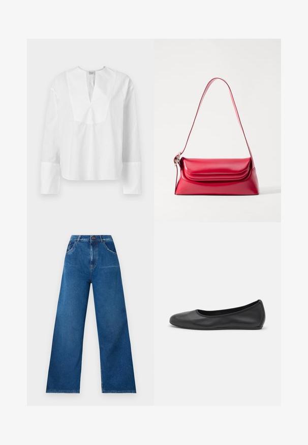 Hvid langærmet bluse med en split-udskæring og kontrasterende teksturerede striber. Har en boxy pasform og brede ærmer med hvide manchetter.; Bredde ben jeans i mørkeblå denim med høj talje, der har for- og baglommer samt kontraststikninger.; Sort læderballetsko med rund tå, glat tekstur, minimal syning og et fleksibelt såldesign.; Rød læderhåndtaske med en struktureret form, glat tekstur og et enkelt justerbart rem. Har en rund klaplukning.