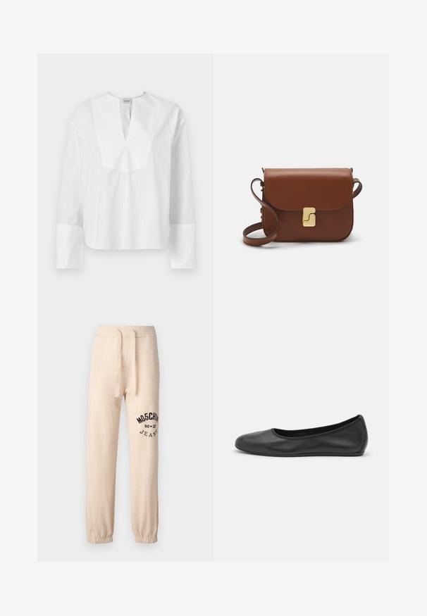 Hvid langærmet bluse med en split-udskæring og kontrasterende teksturerede striber. Har en boxy pasform og brede ærmer med hvide manchetter.; Beige sweatpants med elastiske manchetter og talje. Har et sort trykt logo "MOSCHINO 86 ❤ 23 JEANS" på venstre lår. Blød tekstur.; Sort læderballetsko med rund tå, glat tekstur, minimal syning og et fleksibelt såldesign.; Brun læder håndtaske med flaplukning, hardware i gyldent tone, en skulderrem og en glat overflade. Kompakt rektangulær form.