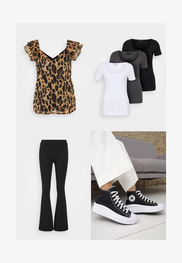 Leopardų rašo marškiniai su trumpomis raukiniais rankovėmis, V formos iškirpte ir pusiau permatomu, lengvu audiniu rudos ir rusvos spalvų atspalviuose.; Trys priderinti marškiniai: balti, pilki ir juodi. Kiekvienas turi plačią apvalią iškirptę ir trumpas rankoves. Pagaminti iš lygaus, tamprių audinio.; Juodai platėjantys kelnių, pagamintų iš tamprių medžiagų, kurie turi aukštą juosmenį ir lygią tekstūrą. Kelnės platėja nuo kelio.; Juodi aukštakulniai sportbačiai su baltais guminiu padu ir raišteliais. Ant jų yra apvalus logotipo lopas ir kontrastingos baltos siūlės. Pagaminti iš drobės medžiagos.