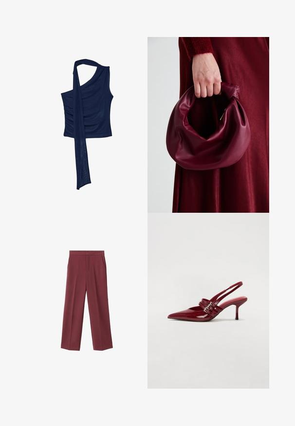 Yksi olka navy sininen yläosa, joka on valmistettu pehmeästä kankaasta ja siinä on huoleton huiviyksityiskohta. Sivu on rypytetty tekstuurin lisäämiseksi. Klassinen ja elegantti muotoilu.; Bordeaux leveled trousers with a smooth texture, featuring side pockets and a high waist design. Tailored with a clean front crease.; Punaiset patenttalahkeet slingback-korkokengät, joissa on terävä kärki, kaksi solkiverkkoa ja kapea, keskipituinen stiletto-korko. Sileä pinta.; Burgundy-nahkakäsilaukku, jossa on pehmeä, ryppyinen muotoilu ja pyöreä muoto. Kahva on kiinnitetty tukevasti, ja siinä on sileä pinta.