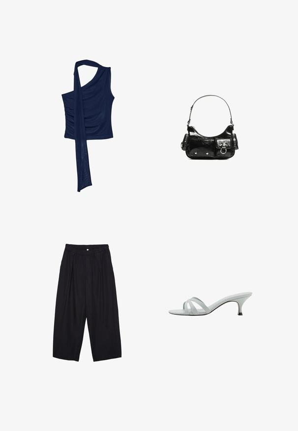 Tamno plava majica s jednim ramenom izrađena od mekog materijala s lepršavim detaljem marame. Ima naboranu stranu za dodatnu teksturu. Klasičan i elegantan dizajn.; Crne poliester hlače culotte s elastičnim pojasom, dva prednja nabora i širokim krojem. Nema vidljivih uzoraka ili metalnih detalja.; Svijetlosive sandale s potpeticama i tri ukrštavajuće trake, vitkog profila i sužene pete. Glatka tekstura s blago sjajnim finishem.; Crna patentna kožna torba s zakrivljenim oblikom, jednim remenom za rame, prednjim džepovima i akcentima od srebrnog tona.
