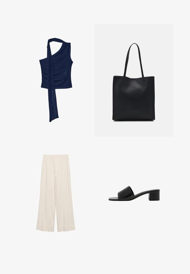 Tmavomodrý top na jedno rameno vyrobený z mäkkej tkaniny s plynulým detailom šatky. Má zberanú bočnú časť pre textúru. Klasický a elegantný dizajn.; Svetlé nohavice s širokými nohavicami z krémovej látky, s hladkou textúrou, prispôsobeným pásom a čistými švami. Hladký predný diel s dvojitými stehnami.; Čierne kožené sandále s otvorenou špičkou, širokým pásikom a pevným blokovým podpätkom. Majú hladký povrch a minimálny dizajn.; Čierna kožená taška na rameno s hladkým povrchom, obdĺžnikovým tvarom a dvoma dlhými uchami. Bez viditeľného kovania alebo ozdôb.