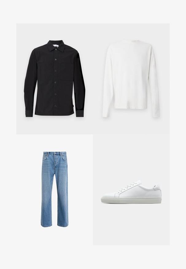 Juoda ilgam rankovu marškiniai su smailiu apykakle, priekyje užsegamos mygtukais, dviem krūtinės kišenėmis ir lygaus, tekstūruoto audinio.; Ilgų rankovių baltas medvilninis marškinis su apvalia iškirpte, šonuose su plyšiais apačioje ir lygia tekstūra, rodomas iš nugaros.; Šviesiai mėlyni džinsai su tiesiu kirpimu, penkios kišenės, mygtuko užsegimas, minimalus blukimas ir kontrastingi siuvimo detalės.; Baltas sportinis batelis su lygiu odiniu paviršiumi ir žemu profiliu. Turi suapvalintą pirštą, šešis akių skyrius ir tekstūruotą gumos padą.