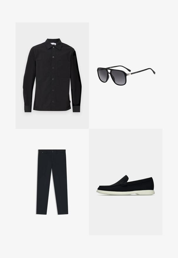 Camicia nera a maniche lunghe con colletto a punta, chiusura frontale con bottoni, due tasche sul petto e un tessuto liscio e testurizzato.; Pantaloni uomo di un blu navy scuro realizzati in tessuto leggero. Presentano una chiusura a bottone, passanti per cintura e due tasche laterali. Design a gamba dritta.; Scarpa nera slip-on con punta arrotondata, caratterizzata da una tomaia texture, una suola bianca liscia e un discreto logo sul lato.; Occhiali da sole neri con lenti rettangolari oversize, sfumatura grigia, e dettagli in metallo sulle aste. Montatura in plastica testurizzata.