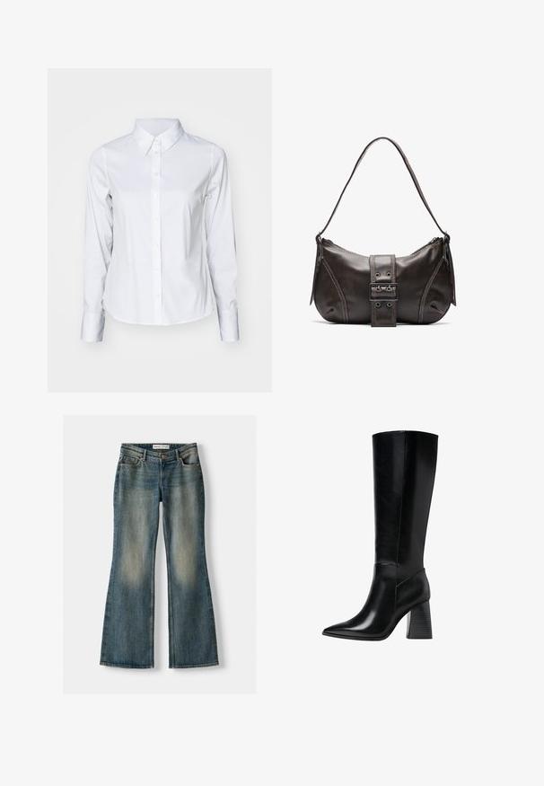 Camicia bianca a maniche lunghe con bottoni, realizzata in tessuto liscio, con colletto a punta, orlo curvo e polsini standard con chiusure a bottone.; Top cropped a maniche lunghe in tessuto grigio scuro con una texture liscia. Caratterizzato da un collo quadrato e un design aderente.; Jeans flare blu con lavaggio sbiadito, cinque tasche e chiusura con bottone. Il materiale presenta una trama in denim con dettagli di cucitura sottili.; Stivali neri in pelle al ginocchio con punta affilata, texture liscia e tacco robusto scalanato per stabilità. Design elegante con accentuazioni minime.; Borsa a spalla in pelle marrone con una forma curvata, caratterizzata da un evidente dettaglio a fibbia, cuciture a contrasto e una sola tracolla.