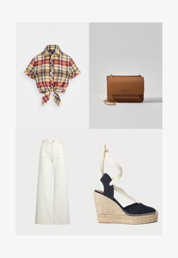 Cropped plaid shirt with a button-down collar. Features red, yellow, green, and blue squares, and a front knot at the hem. Cotton fabric.; Wide-leg jeans in off-white denim. High-waisted design with a button closure, two front pockets, and contrast stitching details.; Navy canvas wedge sandal with an espadrille rope outsole and cream ribbon ties at the ankle. Closed heel and round toe design.; Brown textured leather crossbody bag with gold chain strap and flap closure. Front features logo detail and a pocket under the flap.