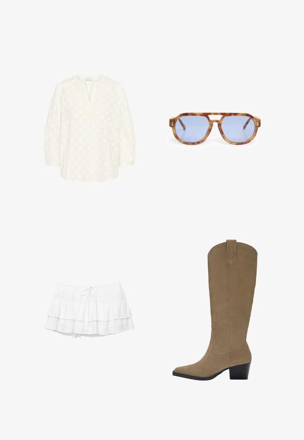 Kaffe Bluse - chalk; Weißen, geschichteten Rock mit drei Rüschenschichten, elastischem Bund und Kordelzugdetails. Hergestellt aus leichtem, strukturiertem Stoff.; Knöchelhohe, sandfarbene Wildlederstiefel mit spitzer Zehenform, gestapeltem Absatz und genähten Details an den Seiten. Glatte Textur und strukturierte Form.; Schildkrötensonnenbrille mit blauen Gläsern, eckigem Design, dickem Rahmen und Ausschnitt für die Nasenbrücke; mit goldenen Akzenten an den Schläfen.; PULL&BEAR SHOPPER - Shopping Bag - grey