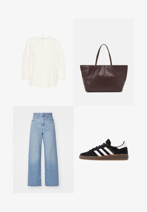 Kaffe Bluse - chalk; Hellblaue High-Waist-Weite-Leg-Jeans mit Knopf- und Reißverschluss vorne, Vorder- und Rückentaschen, auf weißem Hintergrund.; Schwarzer Adidas Sneaker mit weißen Streifen, goldenem "Spezial"-Text, Gummisohle und weißem Fersenbereich, seitliche Ansicht.; Braune geflochtene Leder-Totetasche mit zwei Griffen, einer strukturierten Form und einer strukturierten Oberfläche, die ein durchgängiges Rautenmuster aufweist.
