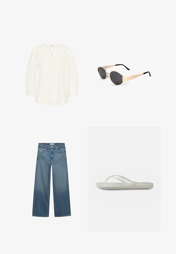 Kaffe Blouse - chalk; Jean large bleu clair en denim, avec une taille mi-haute, deux poches avant et des détails de couture classiques.; Tong en plastique blanche avec une semelle texturée, dotée de fines brides et d'un design plat. Fabriquée en caoutchouc avec un logo discret sur le coussin de pied.; Lunettes de soleil ovales dorées avec des verres sombres, présentant un design élégant, des branches fines et un accent noir au niveau de la tempête. Numéro de modèle L37.; Sac à main blanc avec des embellissements texturés en forme de coquillage à bords festonnés. Doté d'une anse tissée et d'une bandoulière en chaîne argentée pour plus de polyvalence.