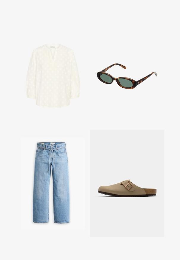 Kaffe Camicetta - chalk; Jeans in denim azzurro chiaro a gamba larga con vita alta, chiusura con bottone e zip, e dettaglio con cordoncino in vita. Orlo grezzo.; Zoccoli beige con punta arrotondata, accentati da una fibbia regolabile e con tappetino in sughero. Superficie texturizzata con suola in gomma nera per una migliore aderenza.; Occhiali da sole tartarugati con montatura ovale e lenti verdi. Presentano aste sottili con un accento metallico vicino alle cerniere.