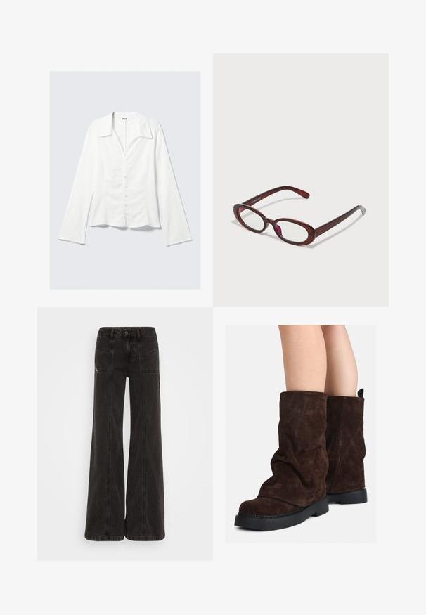 White button-up shirt with a structured collar and long, flared sleeves. Textured fabric with a subtle pattern. Buttons down the front.; Black wide-leg jeans made of denim, featuring a high waist, front pockets, and tonal stitching along the seams.; Brown suede mid-calf boots with black rubber soles worn on bare legs, showing slight wrinkling on the boot shafts.; Oval-shaped red sunglasses with clear lenses and sleek brown frames. The design features subtle curves and minimal hardware.