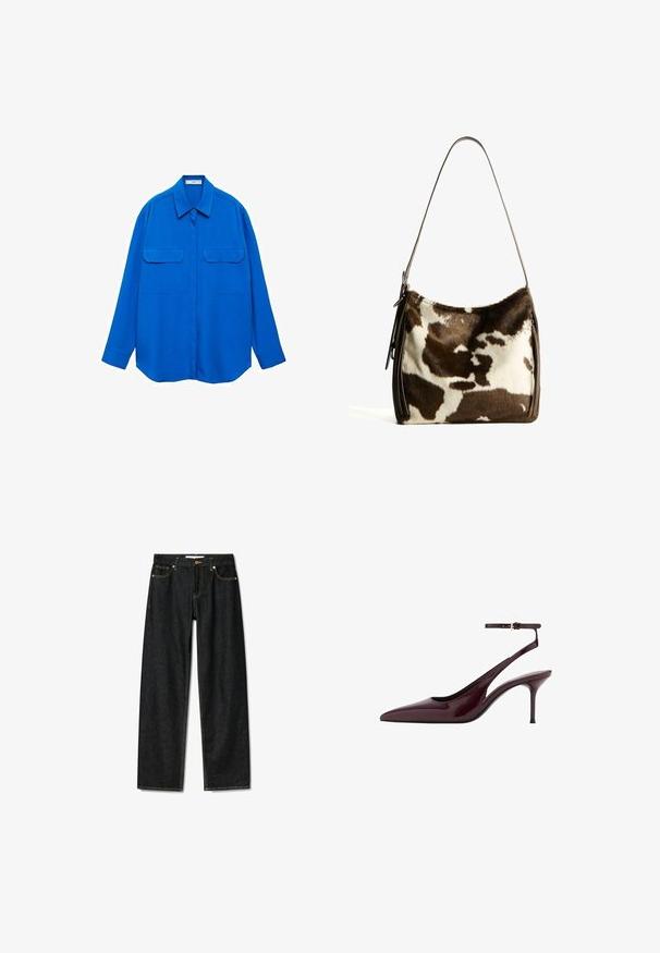 Niebieska koszula z długim rękawem, z kołnierzykiem, dwiema przednimi kieszeniami i prostym krojem. Wykonana z gładkiego materiału w jednolitym kolorze, bez wzorów.; Ciemnogranatowe dżinsy o prostym kroju, z zamkiem na mosiężny guzik i kontrastującym żółtym przeszyciem. Posiadają pięć kieszeni i klasyczny krój.; Burgundowa lakierowana skórzana szpilka z wydłużonym noskiem i cienkim paskiem wokół kostki, na średnim obcasie w kształcie szpili, na białym tle.; Torebka na ramię z brązowej i kremowej skóry bydlęcej, z gładkim skórzanym paskiem, zamknięciem na zamek oraz miękką, teksturowaną powierzchnią o naturalnym wzorze.
