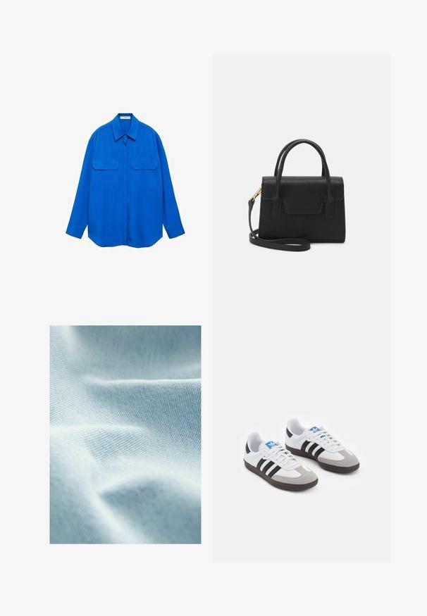 Blauwe lange mouwen overhemd met een kraag, twee voorzakken en een rechte snit. Gemaakt van gladde stof met een effen kleur en geen patronen.; Lichtblauwe stof met een gladde textuur en fijne diagonale weving, met zachte plooien en subtiele variaties in tint.; Sportschoenen met een witte leren bovenkant, grijze suède neus en drie zwarte strepen. Bevat een blauw logo op de tong en een gestructureerde rubberen zool.; Zwarte gestructureerde handtas van leer met een bovenhandvat, een afneembare schouderriem en een voorflapdetail. Gouden hardwareaccenten.